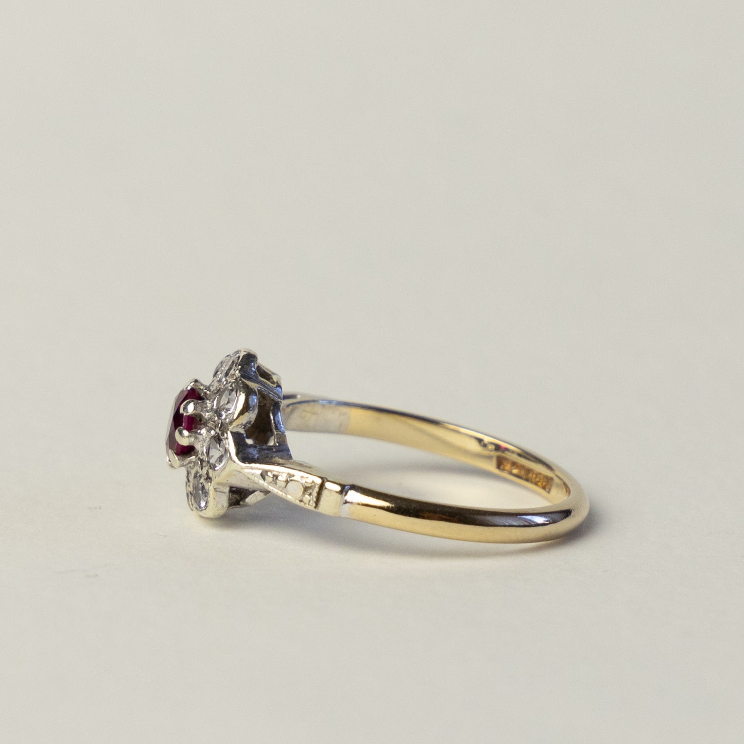 9 carat gold Art Deco flower ruby topaz ring