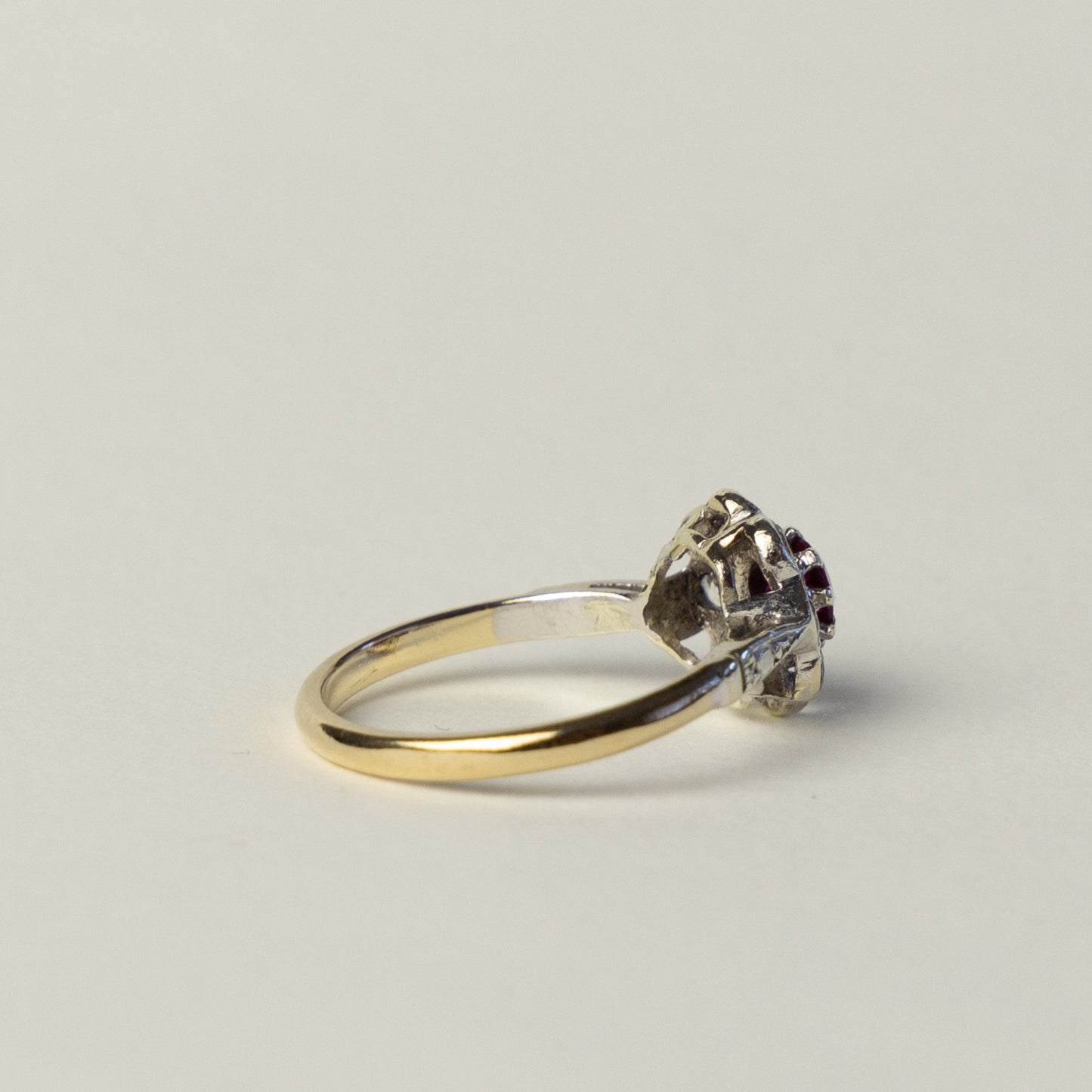 9 carat gold Art Deco flower ruby topaz ring