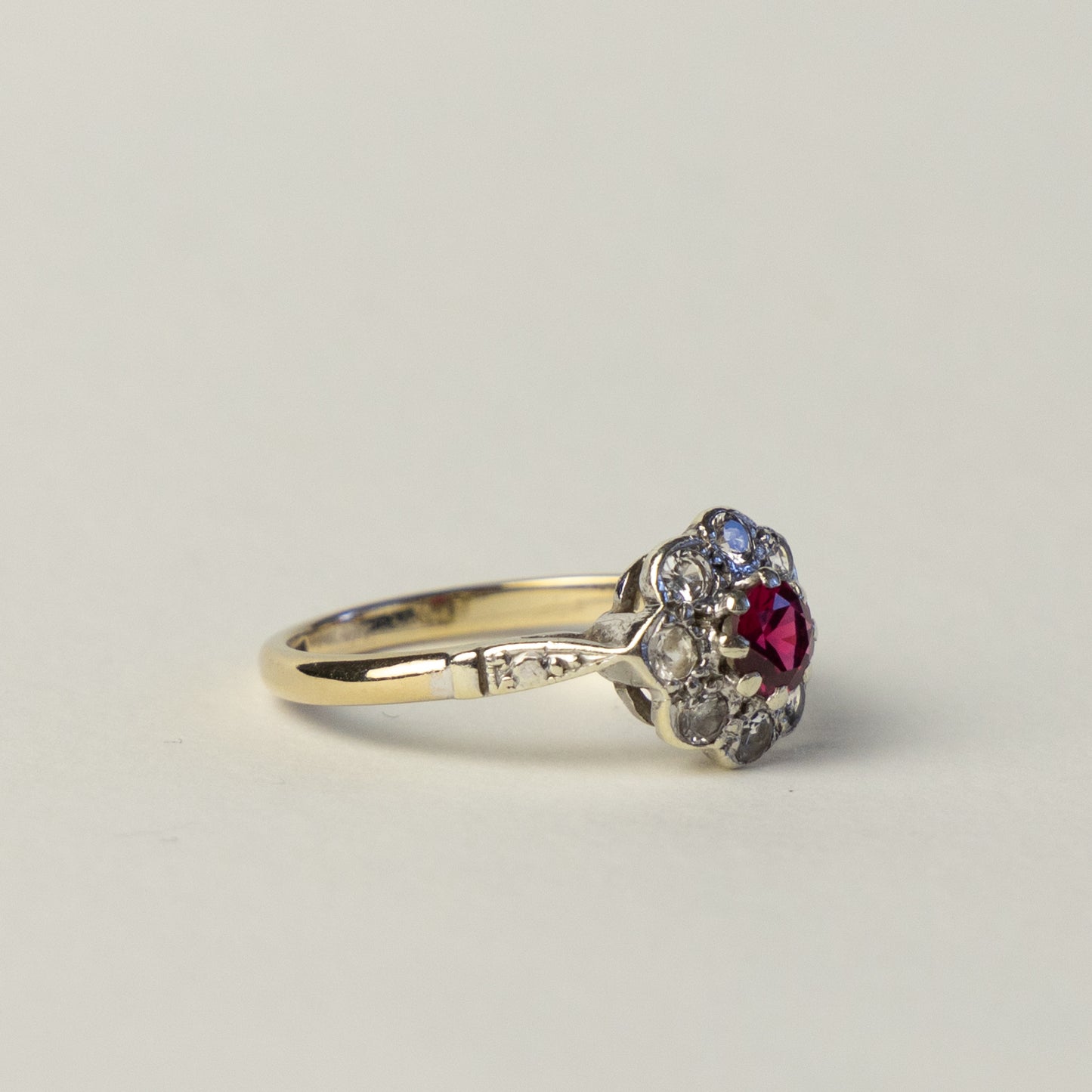 9 carat gold Art Deco flower ruby topaz ring