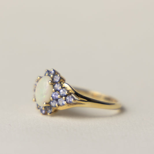 9 carat opal tanzanite cluster ring