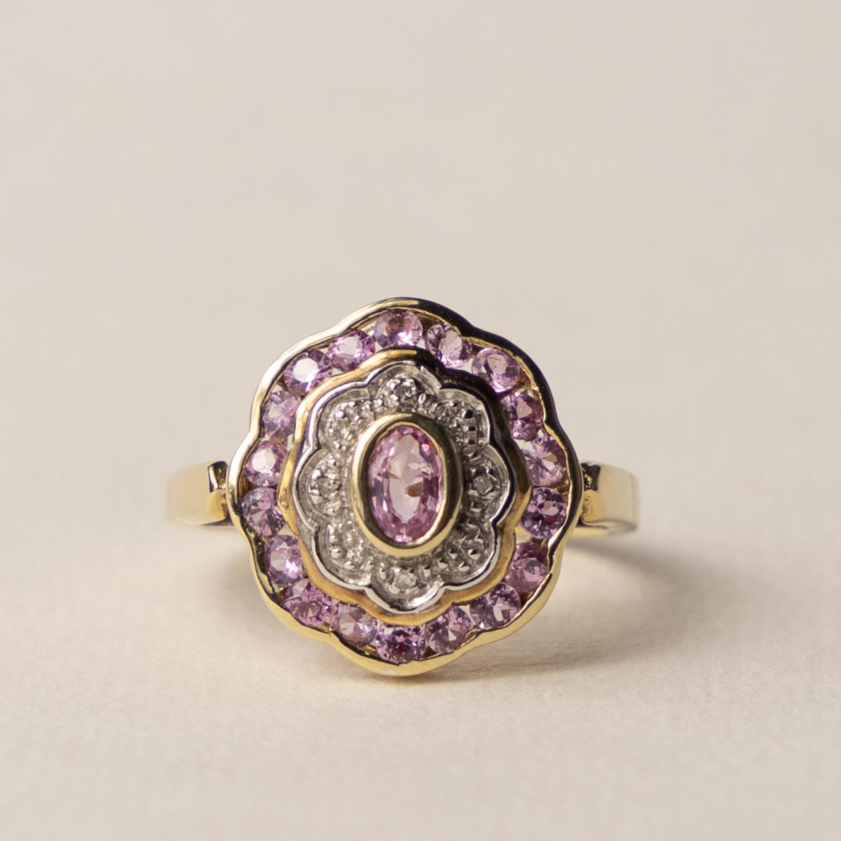 9ct pink topaz & diamond Art Deco style ring