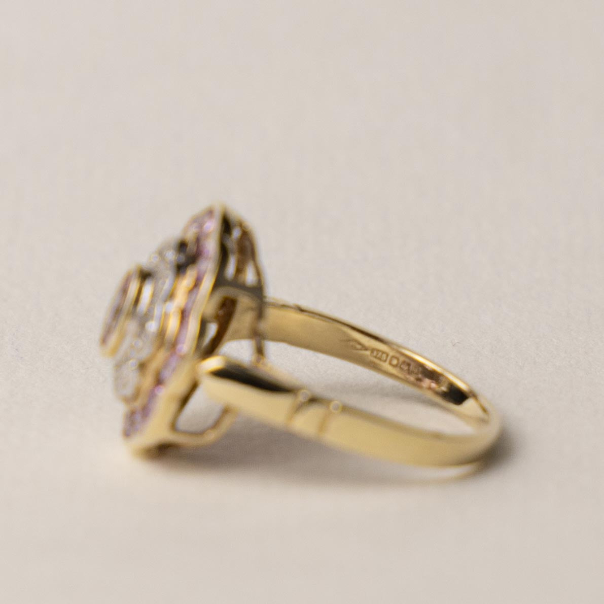 9ct pink topaz & diamond Art Deco style ring