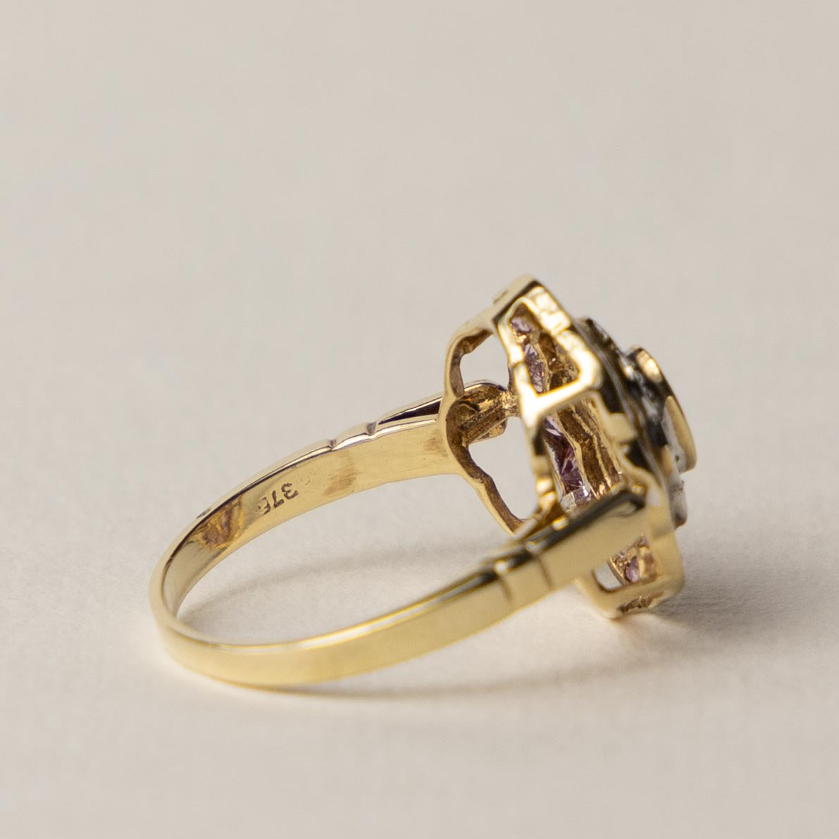 9ct pink topaz & diamond Art Deco style ring