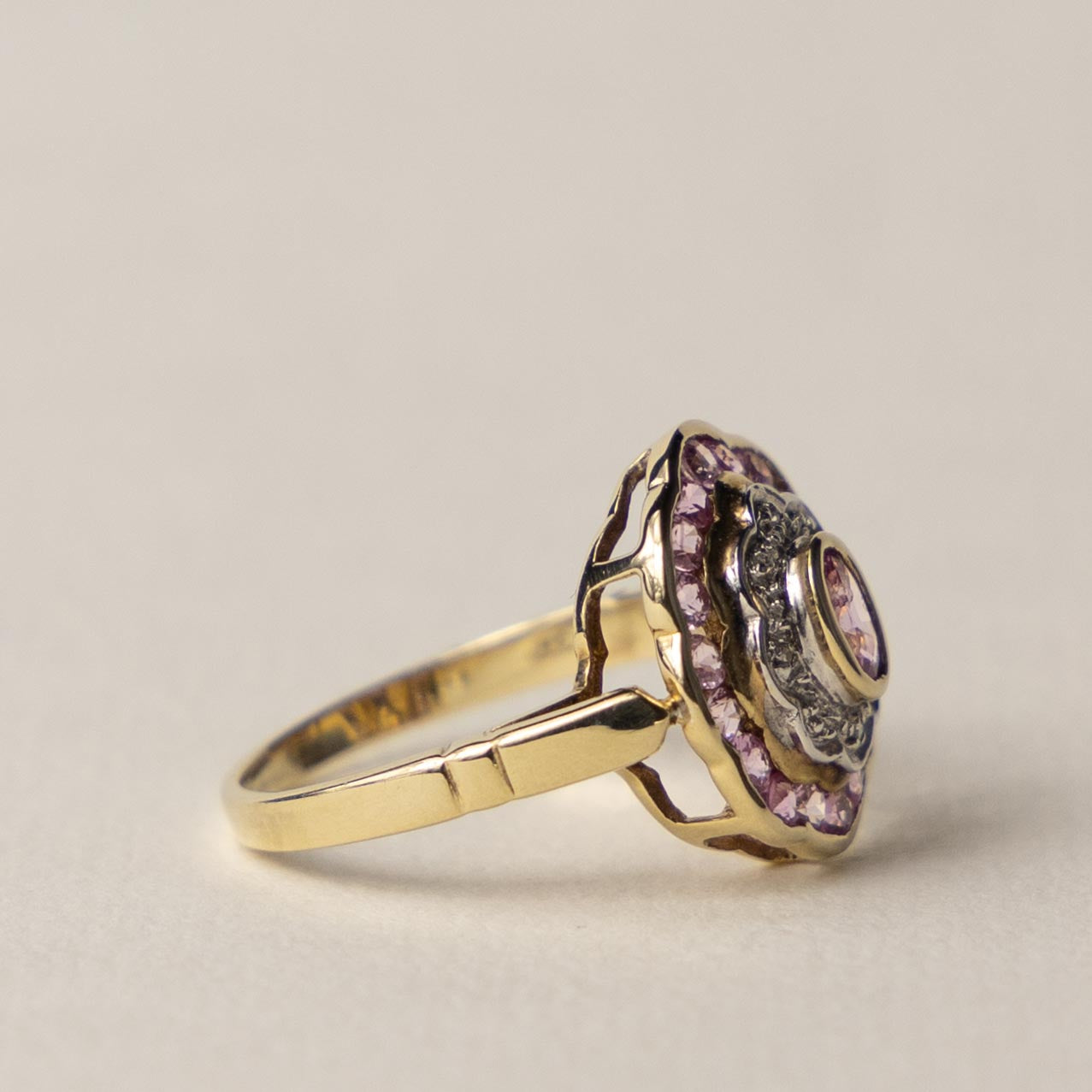 9ct pink topaz & diamond Art Deco style ring