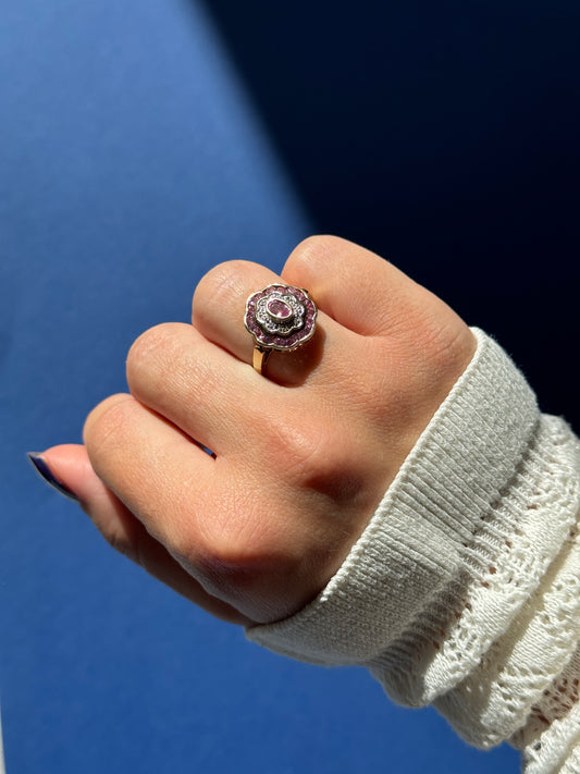 9ct pink topaz & diamond Art Deco style ring