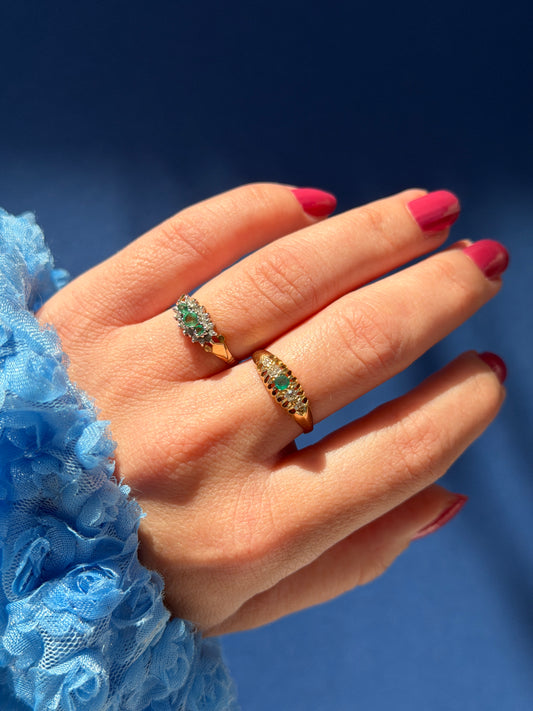 Edwardian 18ct emerald & diamond boat ring
