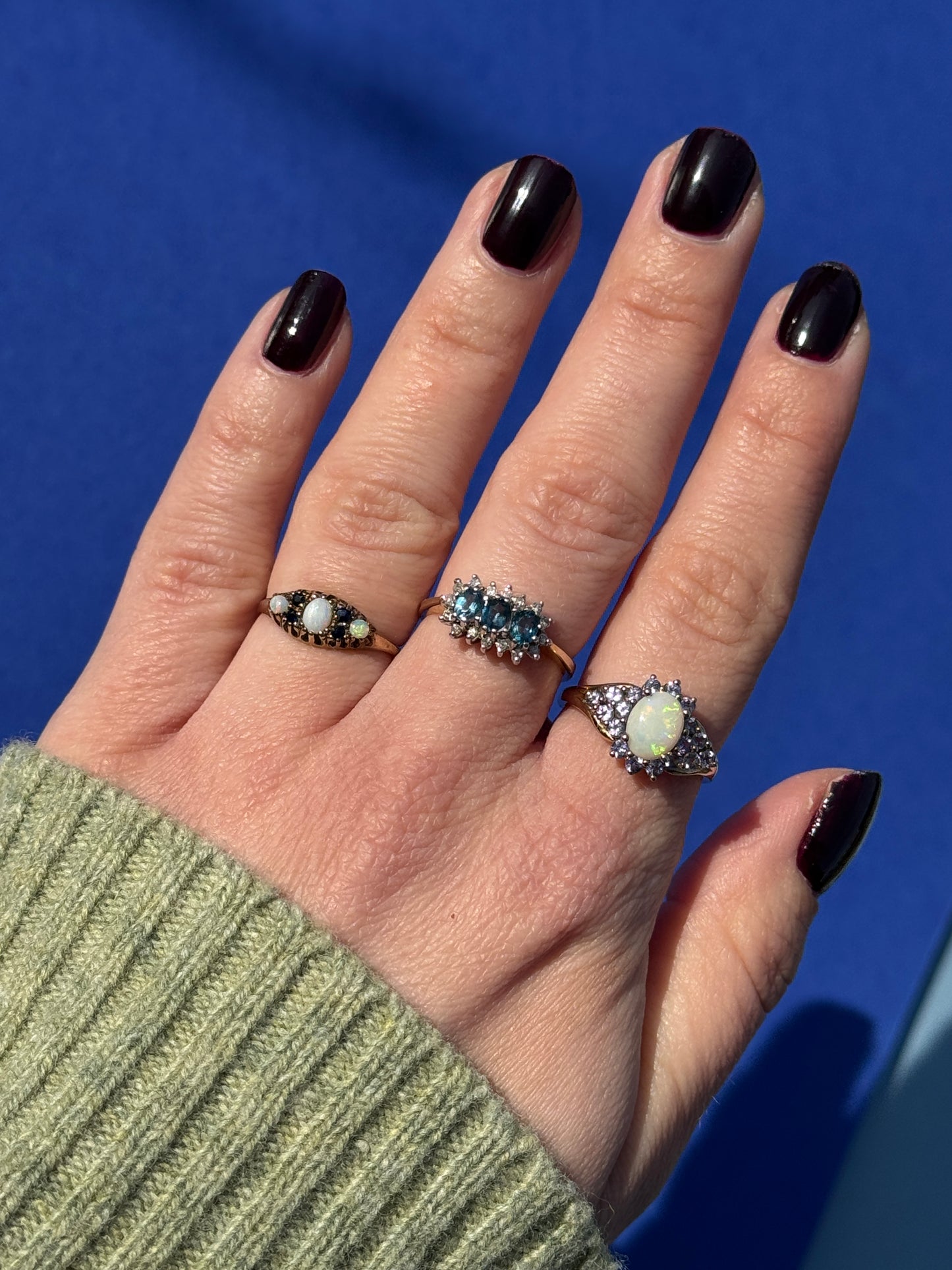 9 carat opal tanzanite cluster ring