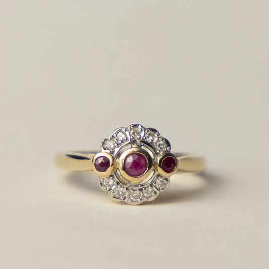 14ct diamond & ruby halo ring