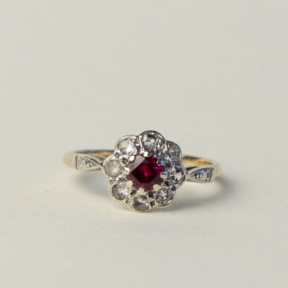 9 carat gold Art Deco flower ruby topaz ring