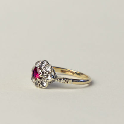 9 carat gold Art Deco flower ruby topaz ring