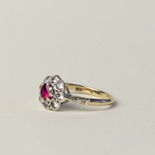 9 carat gold Art Deco flower ruby topaz ring