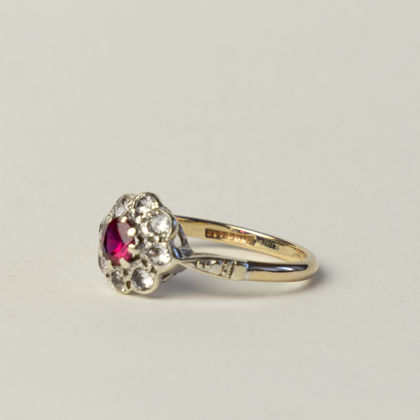 9 carat gold Art Deco flower ruby topaz ring