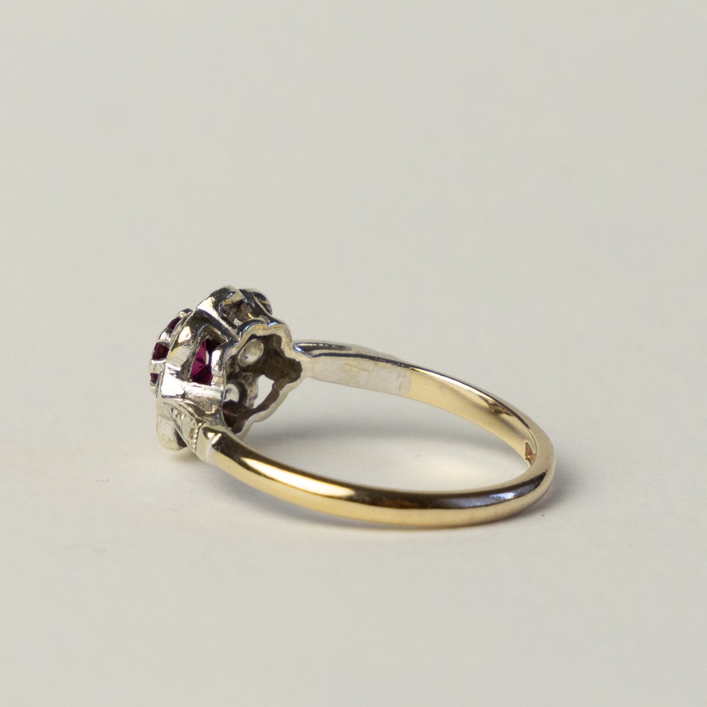 9 carat gold Art Deco flower ruby topaz ring