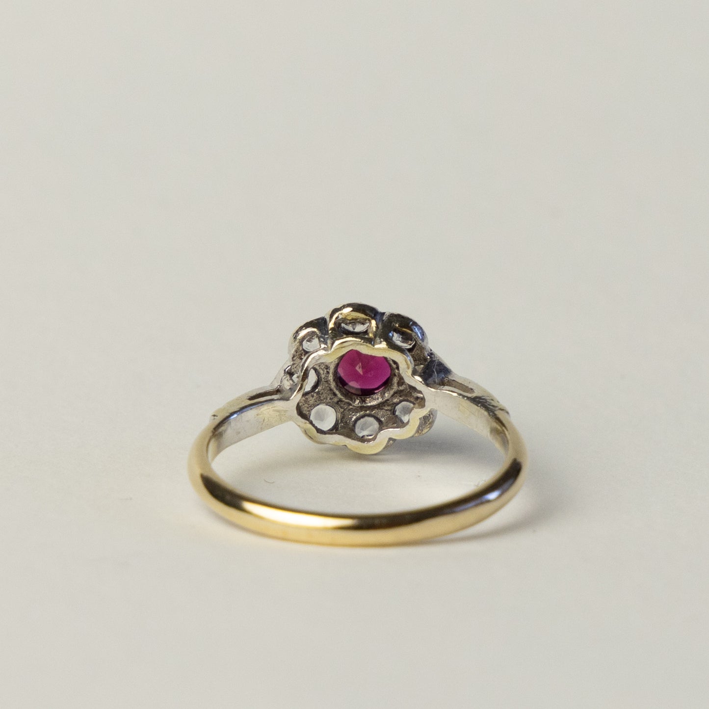 9 carat gold Art Deco flower ruby topaz ring