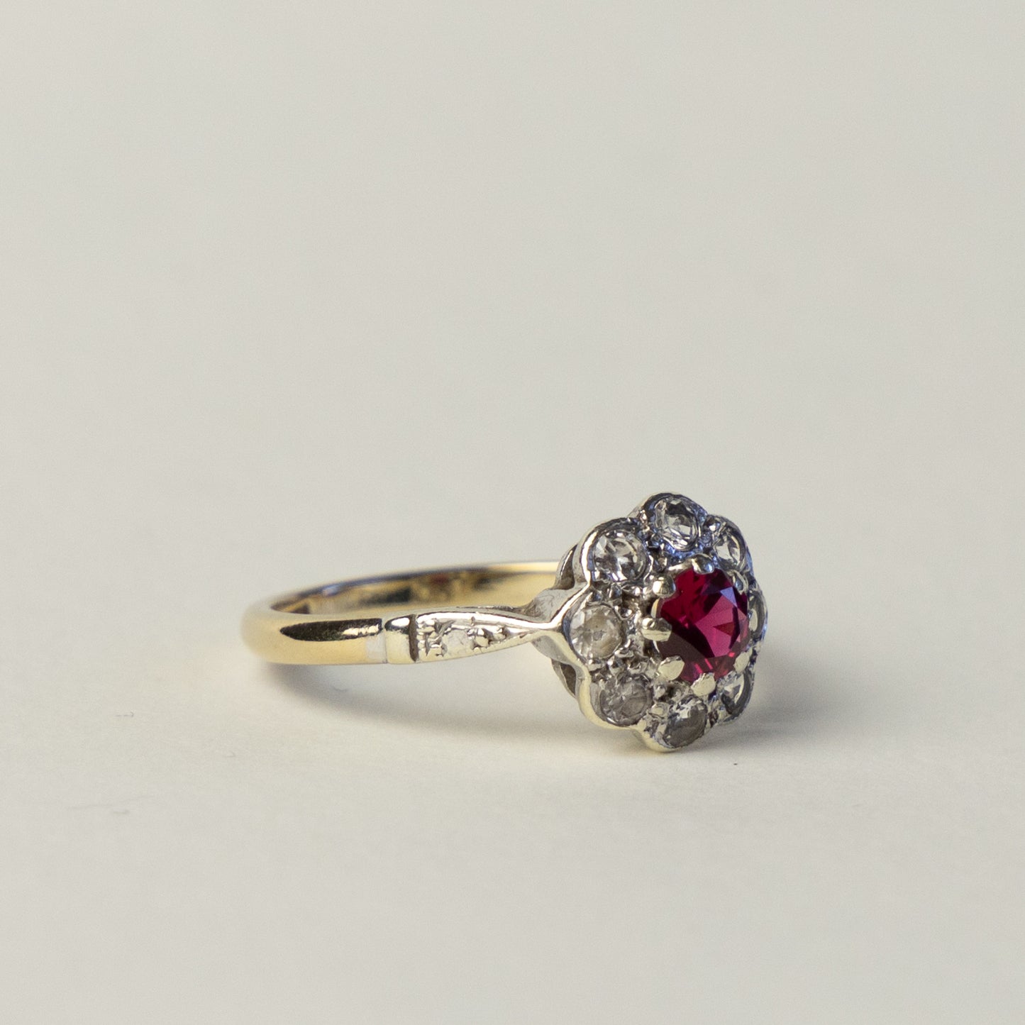9 carat gold Art Deco flower ruby topaz ring
