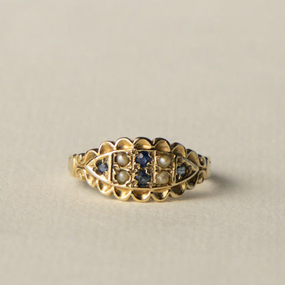 9ct gypsy sapphire & seed pearl ring