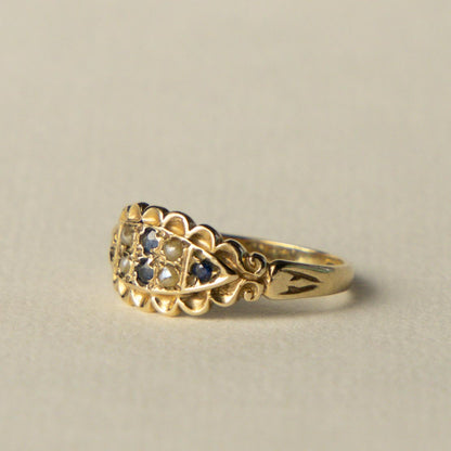 9ct gypsy sapphire & seed pearl ring