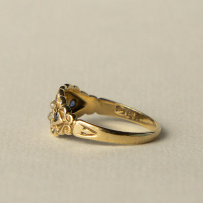 9ct gypsy sapphire & seed pearl ring