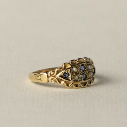 9ct gypsy sapphire & seed pearl ring
