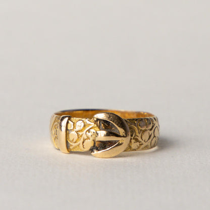 Edwardian 18ct gold antique engraved buckle ring
