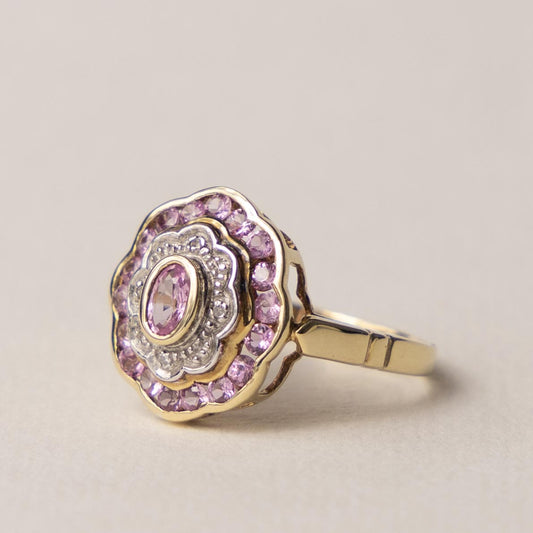 9ct pink topaz & diamond Art Deco style ring