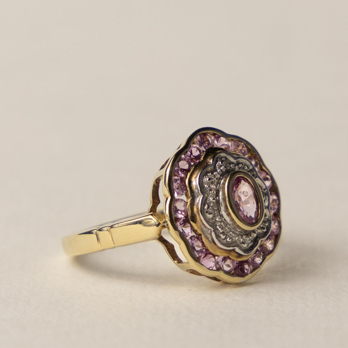 9ct pink topaz & diamond Art Deco style ring