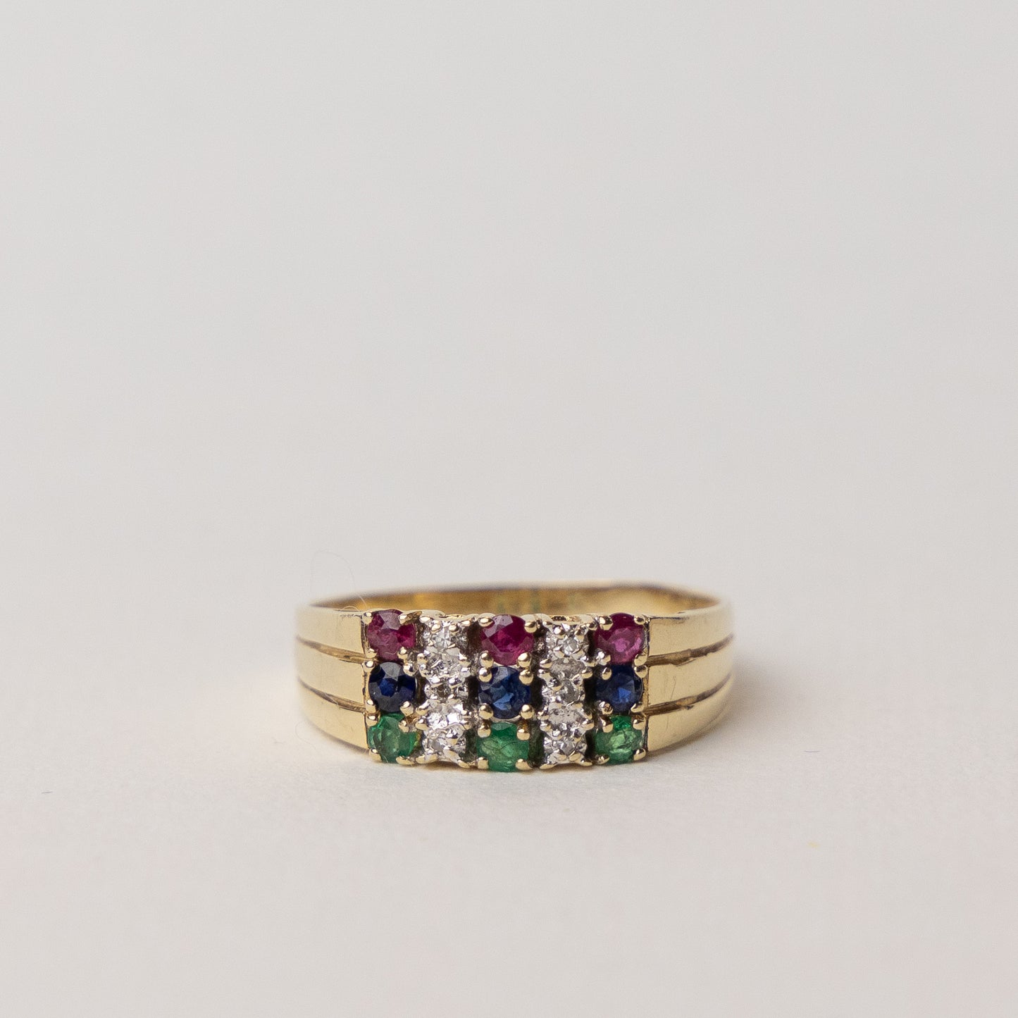 vintage 14 carat gold cocktail ring with diamonds and gemstones