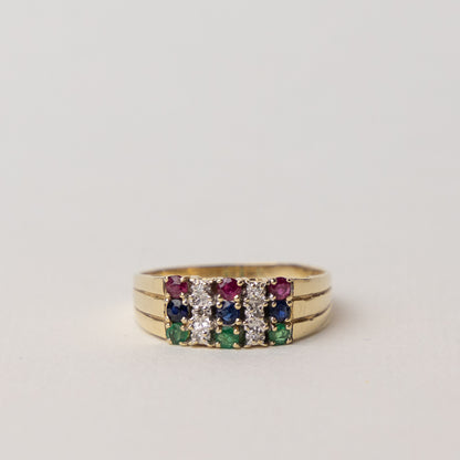 vintage 14 carat gold cocktail ring with diamonds and gemstones