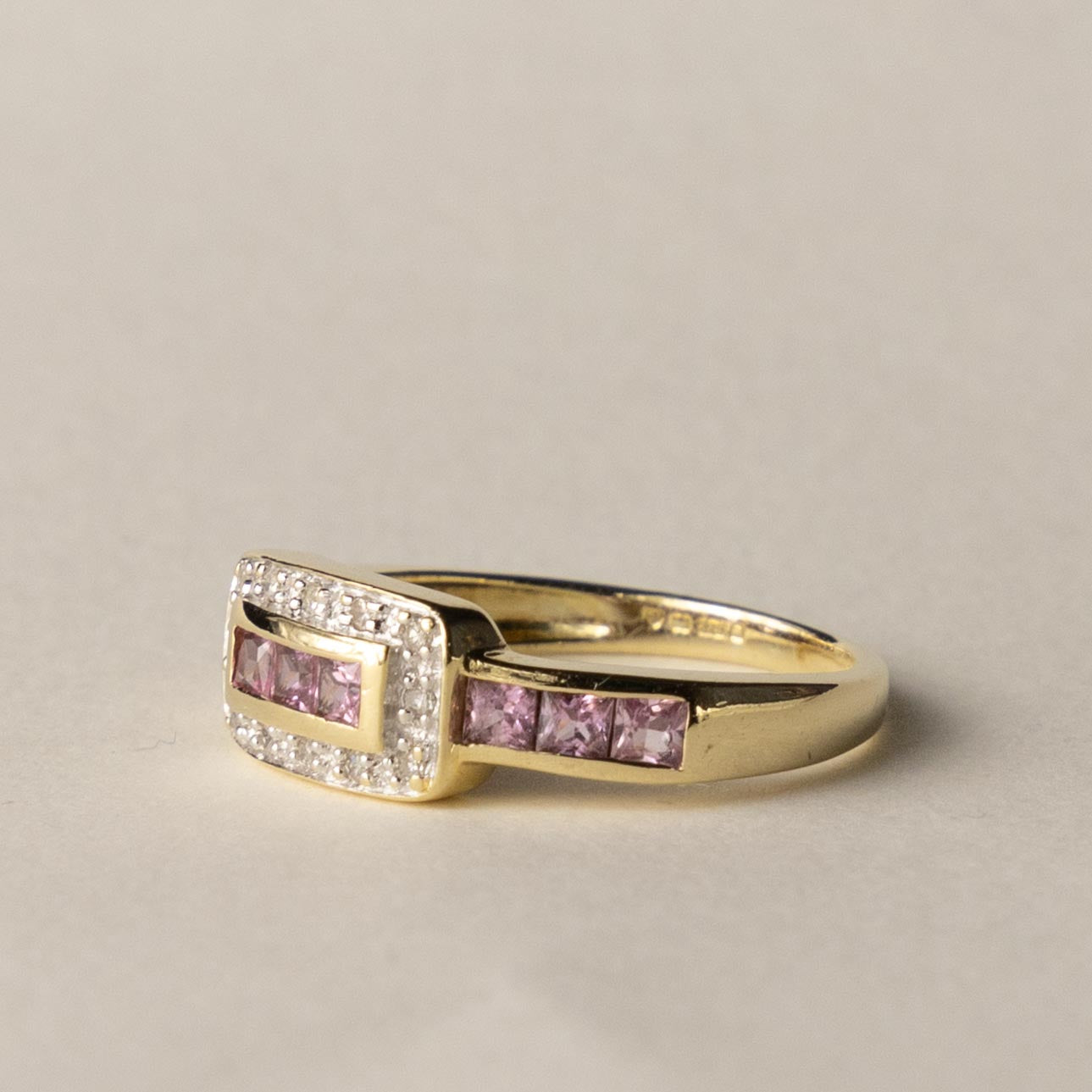 9ct Art Deco style pink topaz & diamond ring