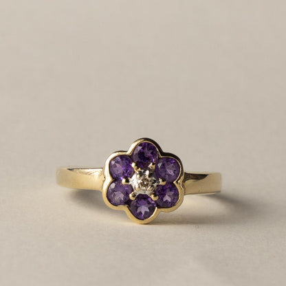9ct amethyst & diamond flower ring