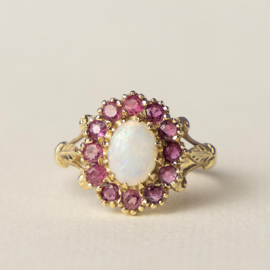 9ct opal & ruby Victorian style ring