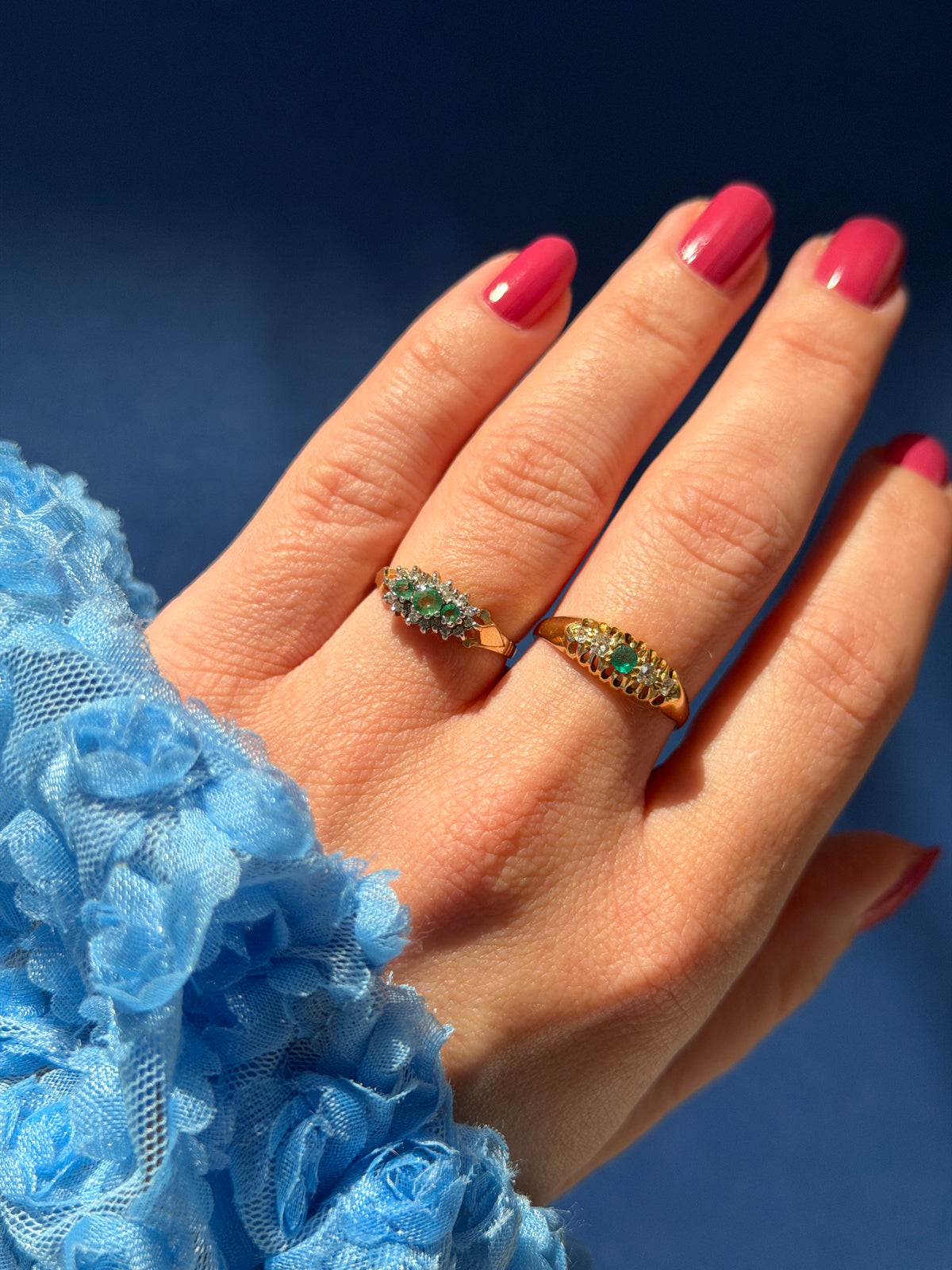 Edwardian 18ct emerald & diamond boat ring