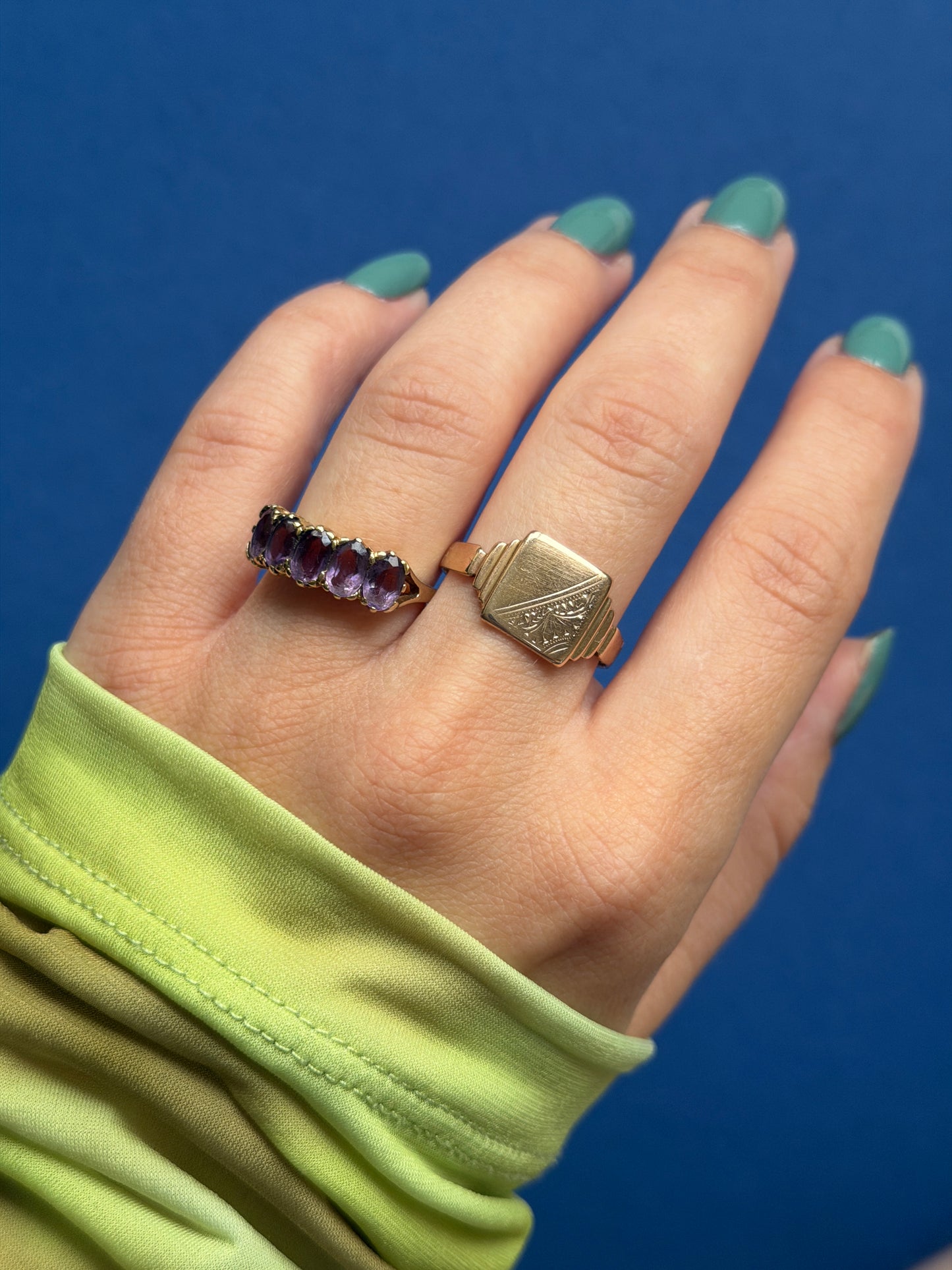 9ct amethyst five stone ring